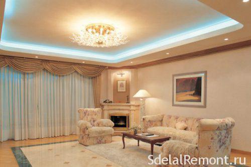 Двухуровневый потолок из гипсокартона с подсветкой по периметру. Отделка потолков гипсокартоном – это выгодно