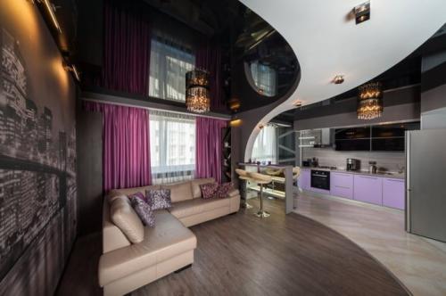 Освещение в гостиной с натяжными потолками. Дизайн натяжного потолка в гостиной: виды, материалы, фактура 13