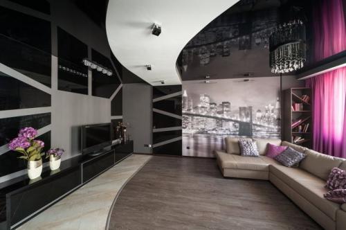 Освещение в гостиной с натяжными потолками. Дизайн натяжного потолка в гостиной: виды, материалы, фактура 12