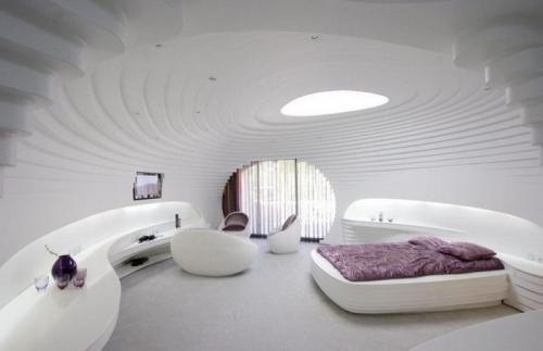 Дизайн спальни в современном стиле. Формы в мебели и отделке 04