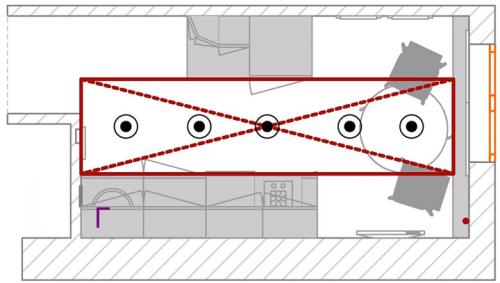 Точечные светильники над рабочей зоной на кухне. Основное освещение на кухне — люстра или точечные